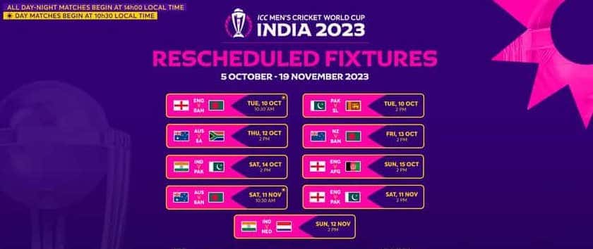 icc cricket worldcup 2023 reschedule fixture